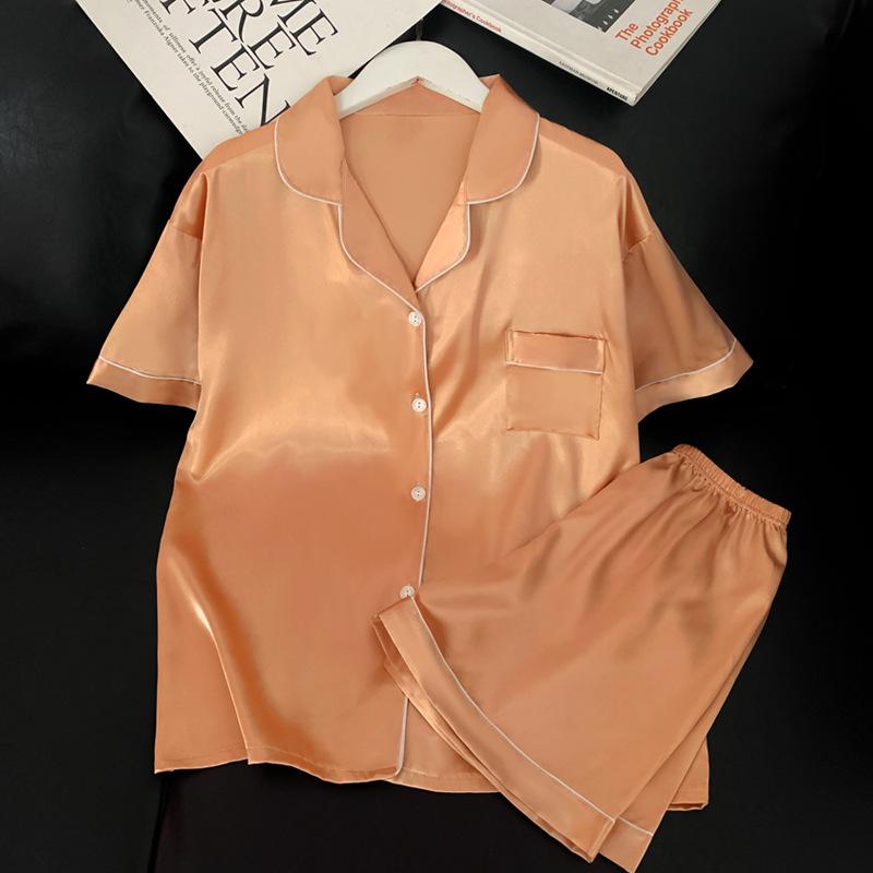 French Fashion Sense Solid Color Short-Sleeved Pajamas Summer Simple Simulation Silk Loungewear Set