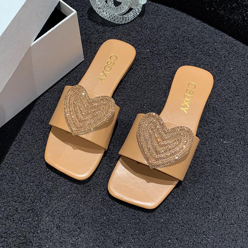 Fashion Sweet Rhinestone Heart Slides Women, Beige Casual Daily Sandals, CSDXY Brand Fashion Footwear