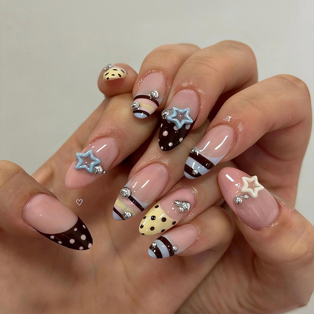 24Pcs Pink Glossy Almond French Press On Nails Y2K Metal Star Charm Sweet Cool Fake Nails