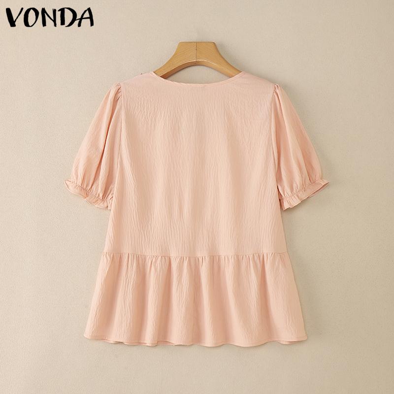 VONDA Elegant Women V Neck Puff Sleeve Ruffled Casual Loose Blouse