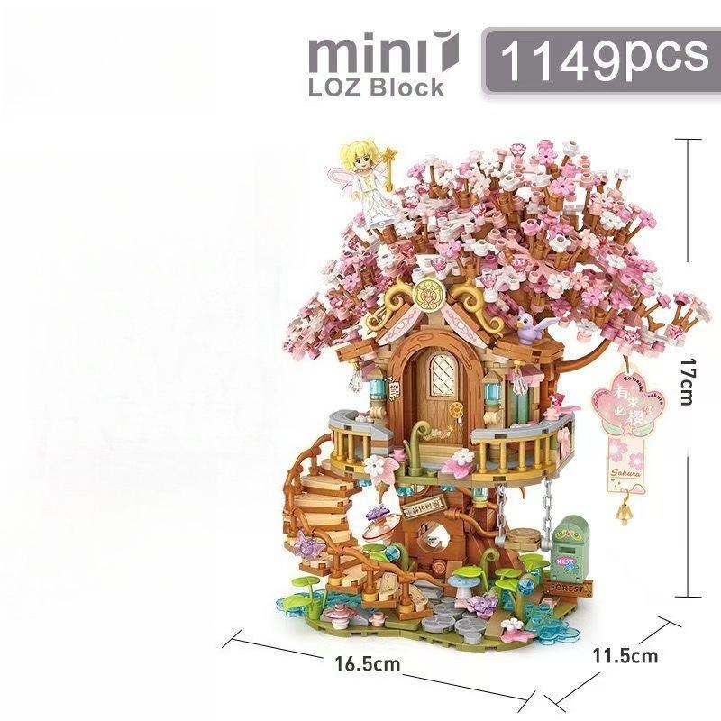 Růžový Romantický Domeček na Stromě s Kvetoucími Třešněmi Mini Částice Stavební Kostky DIY Fialový Domeček na Stromě Cihlová Hračka Děti Dívky Vánoční Dárky