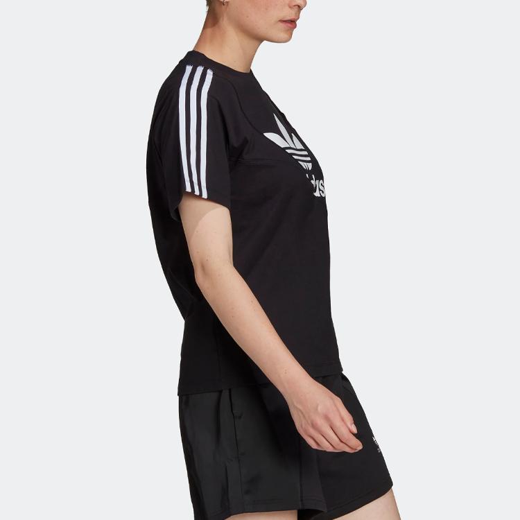 Adidas Originals Trefoil Large Logo Striped Print Spliced Casual Crew Neck Short Sleeve Drop Shoulder T-Shirt Women T-Shirt Black HC7039