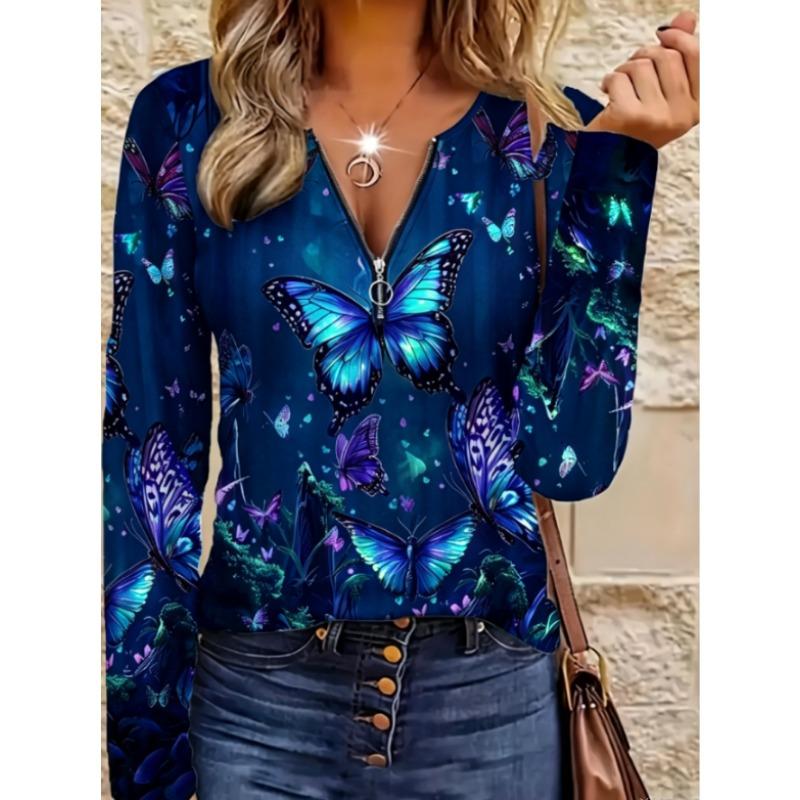 Women's Elegant Butterfly Print Round Neck Long Sleeve Top - Vibrant Digital Art Design
