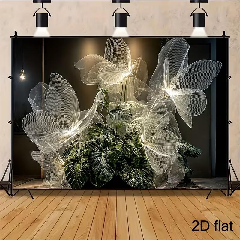 

2D Dark Tropical Greenery & Glowing Butterfly Backdrop, 2D Flat Printing Banner for Photoshoot & Events 47.2x31.5inch/120*80cm
