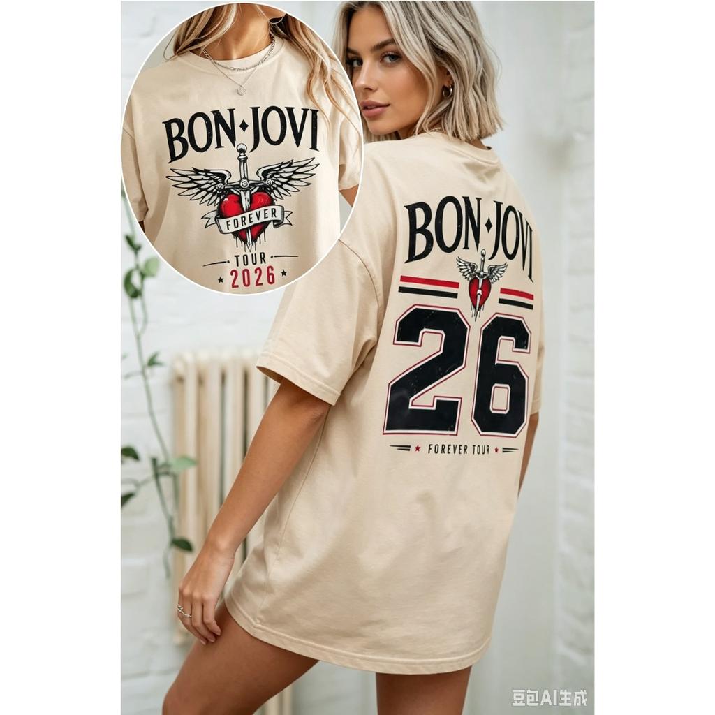 Bon Jovi Print T-Shirt Damen Herren Rundhals Streetwear Harajuku Lässig Übergroß Y2k Kurze Ärmel Lässig Locker Bequem Damen Herren Kleidung