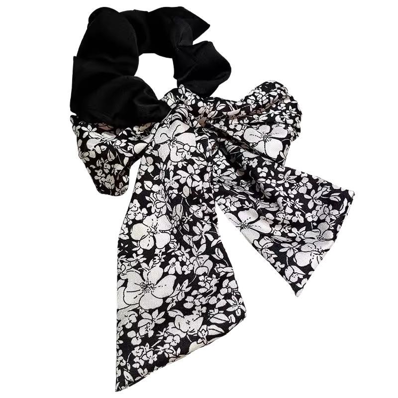 Simple Black and White Floral Headwear Bow  Low Ponytail Hair Accessory  Ribbon  Large Intestine Hair Band