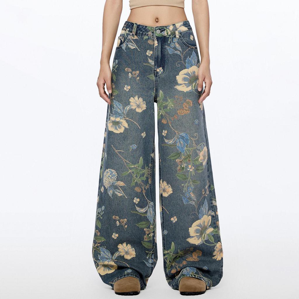 Jeans Larghi da Donna con Stampa Floreale Retro