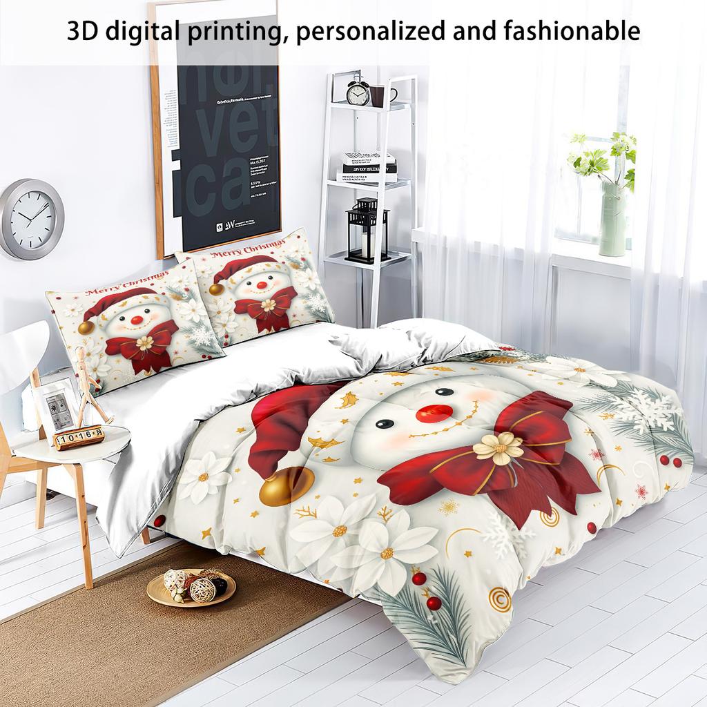 3Pc Christmas Snowman Printed Bedding Set  Coreless Soft Comfortable Multiple Sizes Machine Washable 1 Duvet Cover 2 Pillowcases