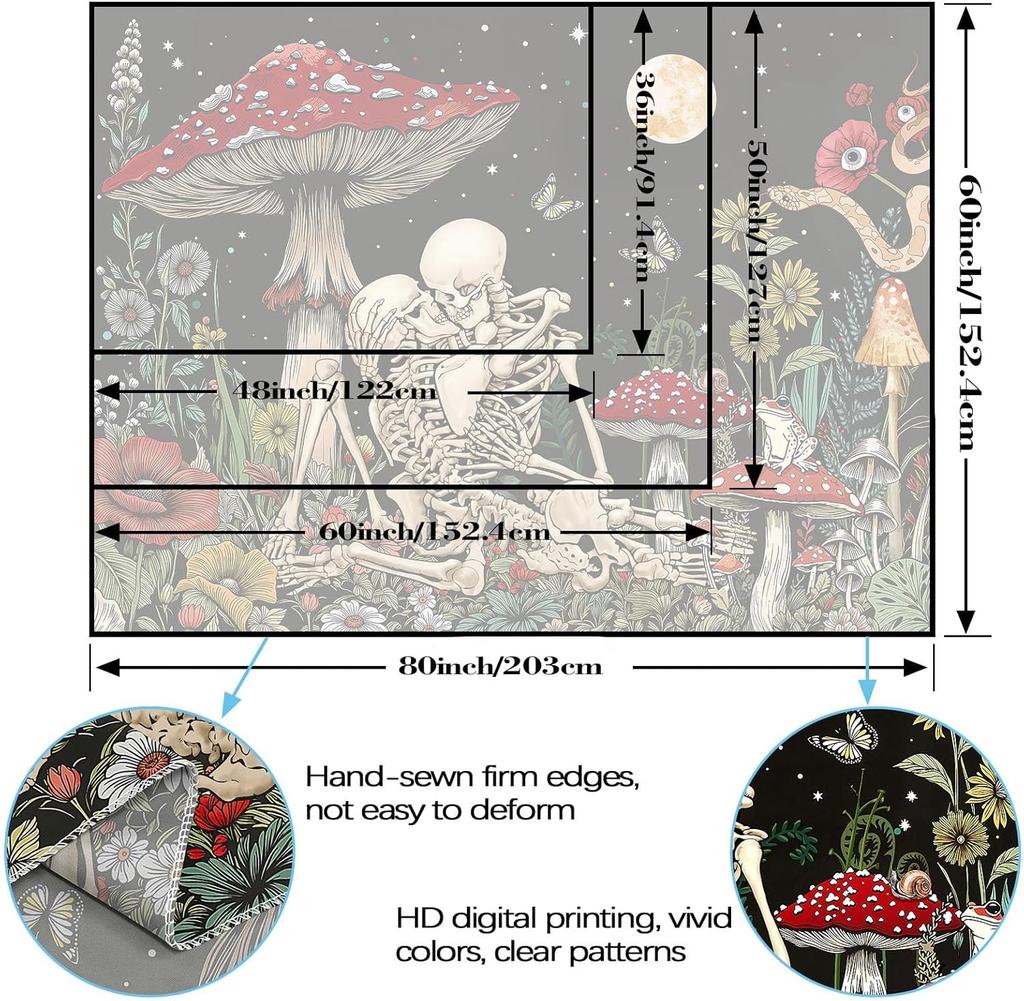 Gothic Lovers Skeleton Tapestry Wall Hanging Black Mushroom Botanical Aesthetic Dark Romance Tapestries for Bedroom Vintage