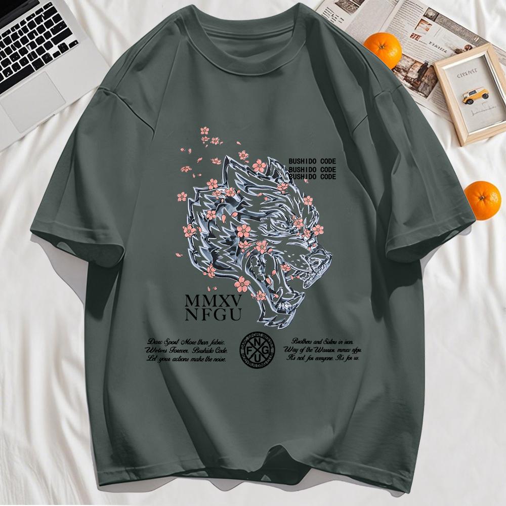 Line Draft Tiger Cherry Blossom Print Men T-Shirt Cotton Casual T Shirt Summer Loose Hip Hop Clothes