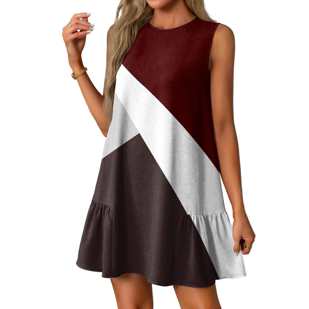 Women's Fashion Casual Sleeveless Round Neck Ruffle Vintage Printed Dresses