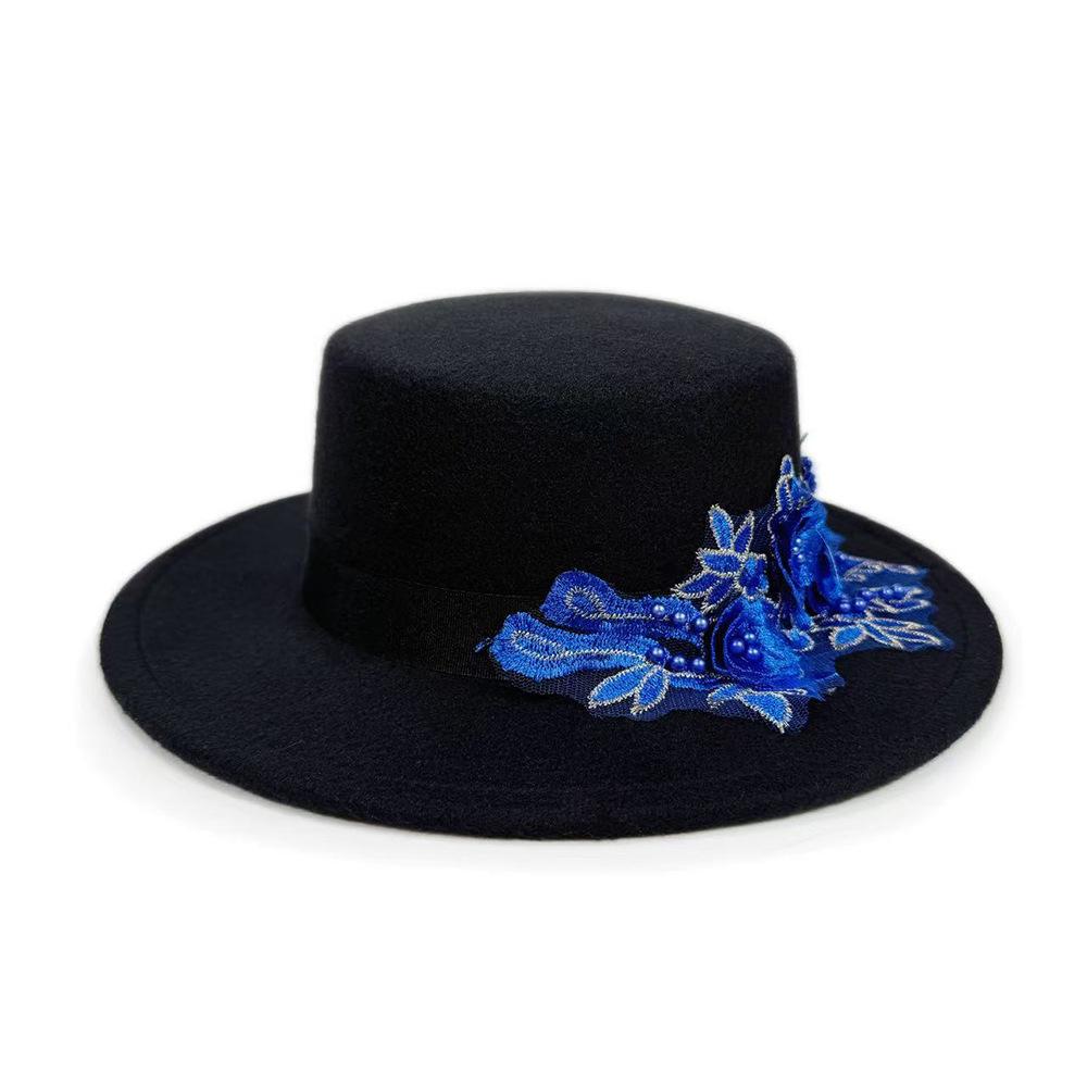 Winter Autumn Elegant Fedora Hat for Men Women Woolen Felt Hats with Embroidered Pearl Flower Wide Brimmed Top Jazz Hats