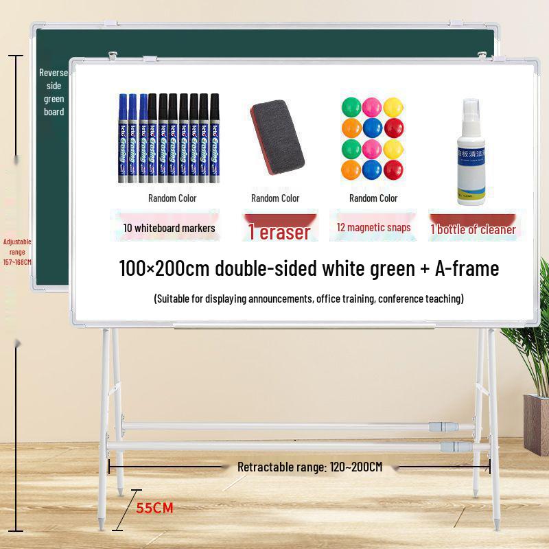 Dual-Sided Magnetic Whiteboard & Blackboard, Mobile Stand, Erasable, for Home, Office, or Classroom.