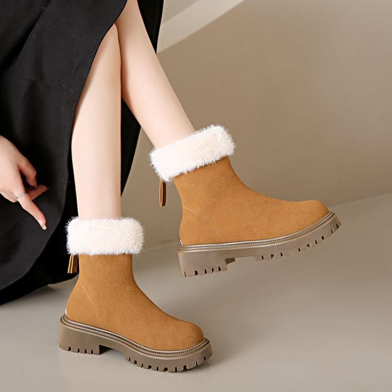 Snow Boots Women's Autumn and Winter New Round Head Large Size Thick Heel Velvet Warm Zipper Comfortable Cotton Shoes