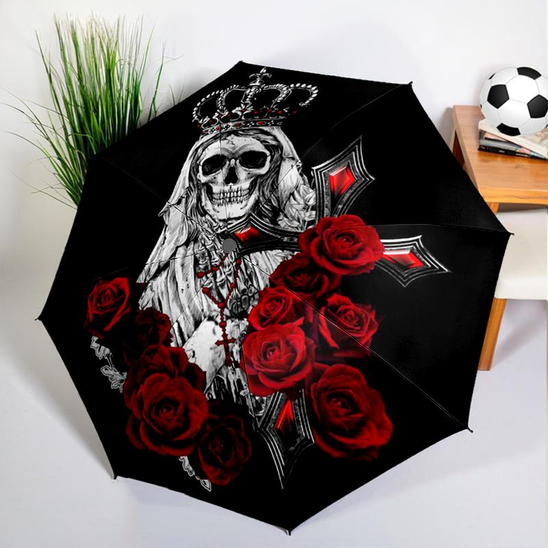 Sugar Skull Rose Umbrella Automatic Open/close, Sturdy Iron Frame & 8-Rib Structure, Umbrella for Women & Men, Christmas Gifts