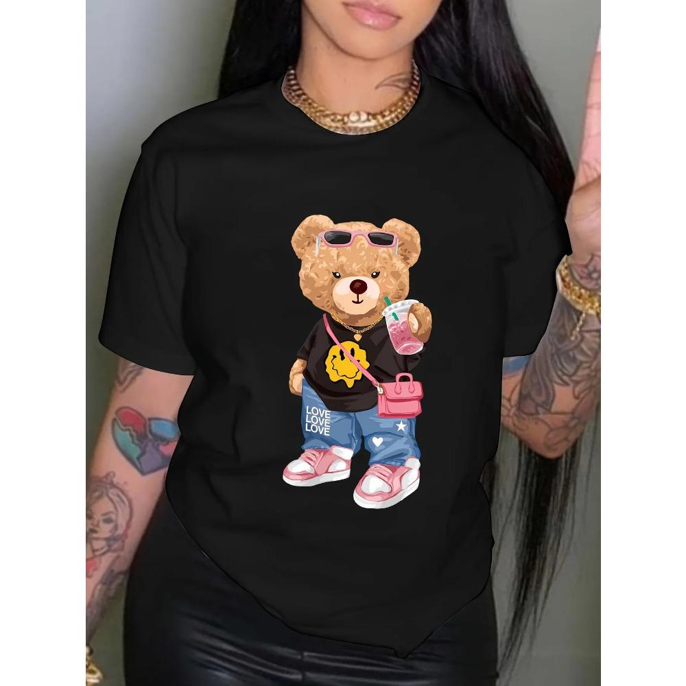 Kawaii Little Bear Print Tshirt Short Sleeve Crew Neck Casual Top for Summer Spring Womens Clothing Shirt