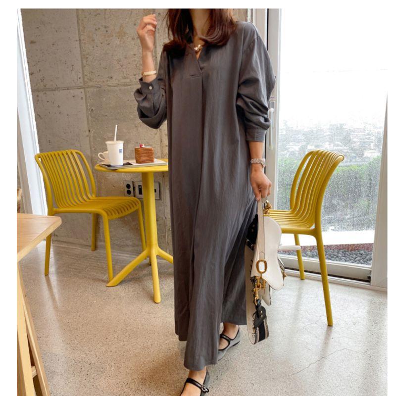 

Fall New Arrival Korean Style Solid Color Long Sleeve Lapel Plus Size Women s Clothing Dress Loose Waist Casual Long Skirt Dark gray 5XL