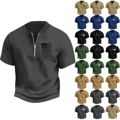 Camiseta de Verano Vintage de Media Cremallera para Hombre Estampado de Bandera del Día de la Independencia Manga Corta