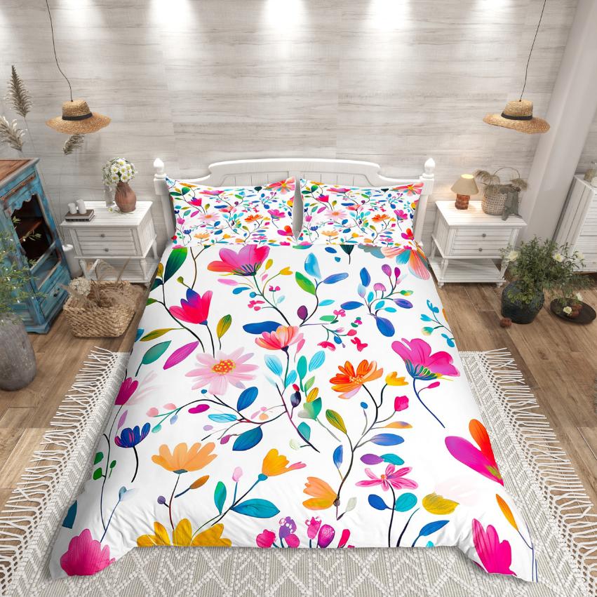 Homewish Colorful Flower Duvet Cover SetBotanical Plants For Kids Bedding SetSpring Graden Decor
