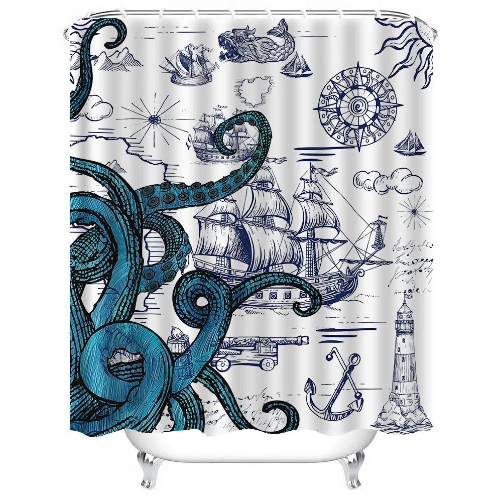 1Pc Octopus Sailboat Shower Curtain Bathroom Partition Decorative Curtain Machine Washable Octopus Print Window Privacy Curtain
