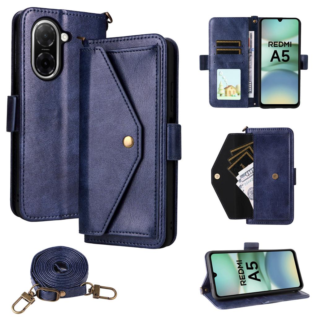 For Xiaomi Redmi A5 NFC (173.45mm) Lærveske Magnetisk lukking Lommebok Stativ Telefondeksel med crossbody-stropp