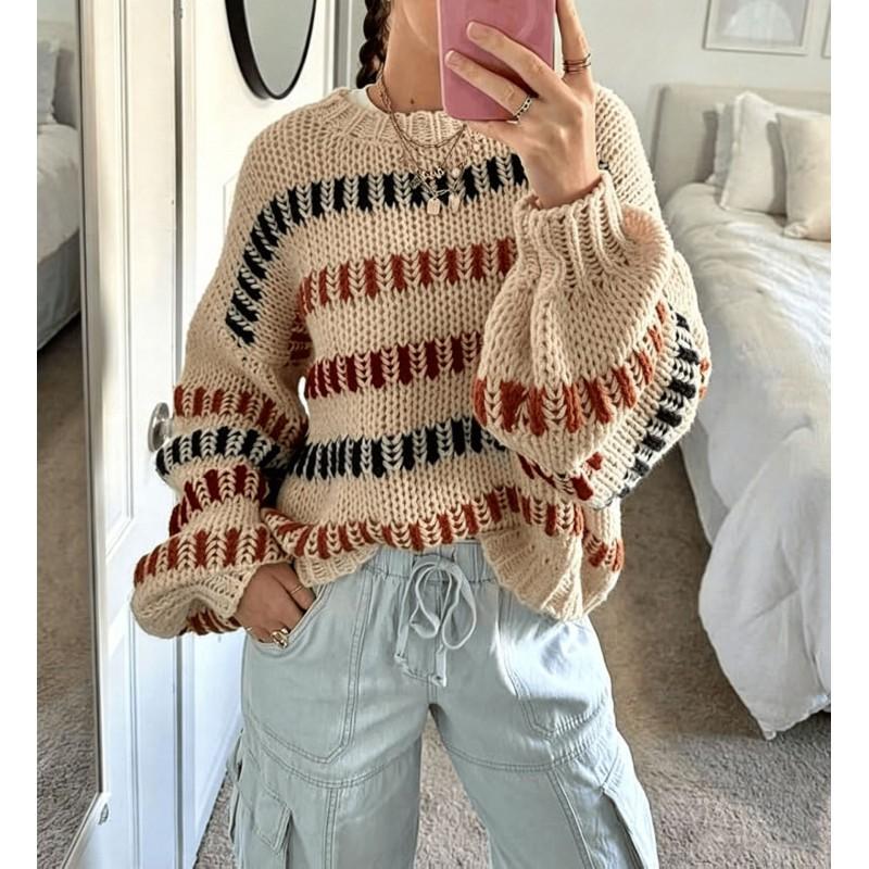 Womens Round Neck Color Block Knit Sweater Soft Comfortable Daily Commute Fashion Top
