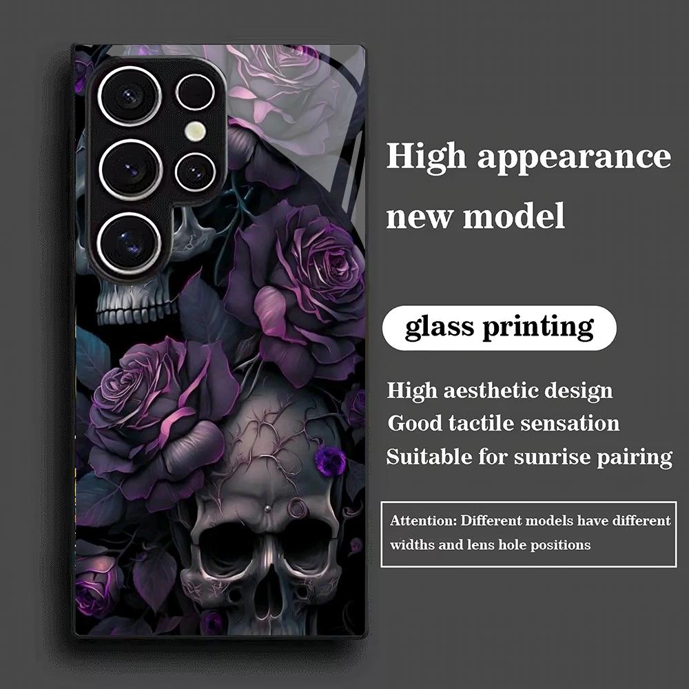 Flower and Skull Pattern Glass Phone Case Suitable for Samsung Galaxy S26 S25 S24 S22 S21 S20FE Ultra Plus5GAnti Drop Back Cover