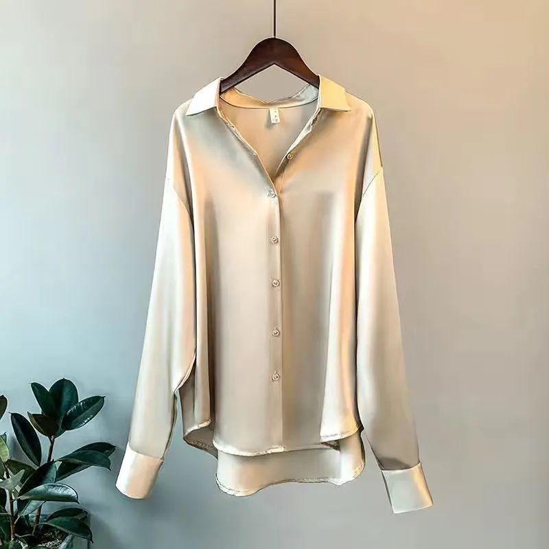 Long-sleeved satin shirt women's design sense niche spring and summer new versatile drape top retro Hong Kong shirt