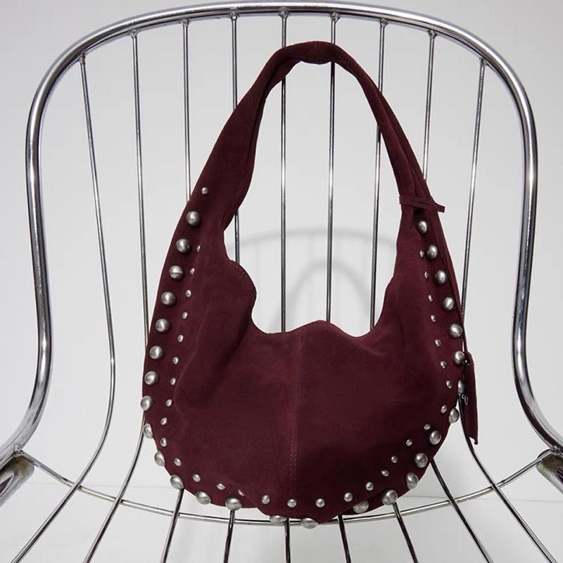 2025 New Women s Shoulder Bag Style Rivet Handbag Suede Leather Retro Soft Underarm вино красного