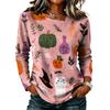 Women's Long Sleeve Top with Round Neck and Halloween Print for Casual Wear and Party