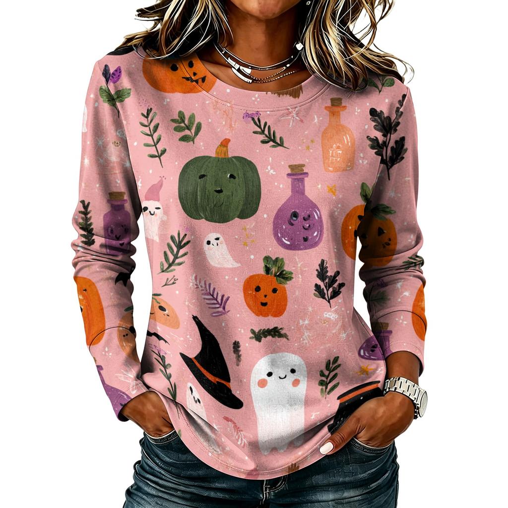 Women's Long Sleeve Top with Round Neck and Halloween Print for Casual Wear and Party