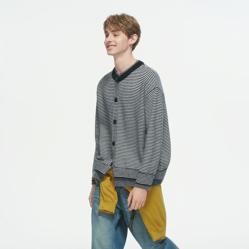 

Мечта Сделано Стиль Старые Деньги Поддельный Двухпредметный Полосатый Кардиган Свитер для Мужчин, Осенняя Повседневная Трикотажная Куртка Black 2XL