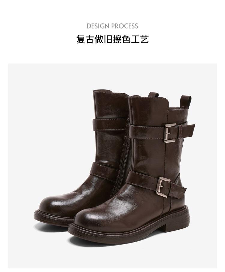 Saturday temperament Maillard boots children's 2025 autumn and winter new belt buckle round toe mid length boots European and American fashion boots