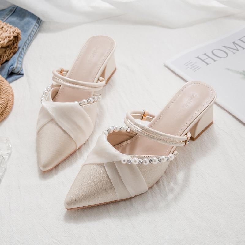 Wiosenne i letnie buty na średnim obcasie Damskie francuskie półdragowe sandały dwuczęściowe Sandały z owiniętą głową Szpiczaste grube obcasy Buty damskie