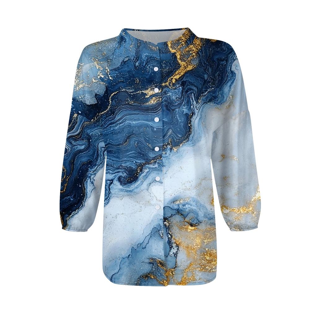 Cămașă de damă cu nasturi ocazional imprimeu modă gât rotund cu umăr cămașă Top cu șapte mâneci