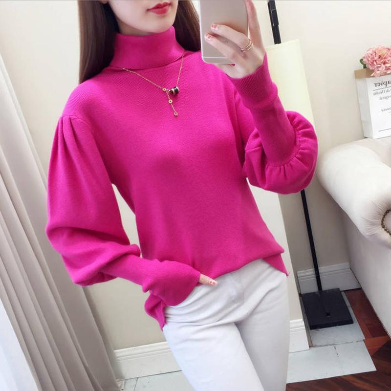 Pofulove Women's Turtleneck Pullover Sweater Autumn Winter Loose Plus Size Lantern Sleeves Knit Jumper