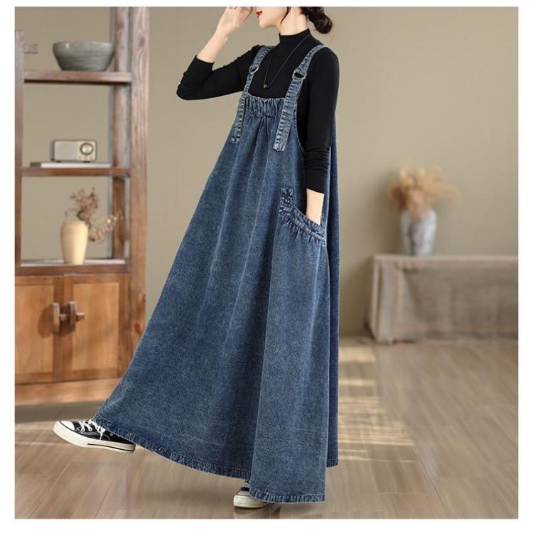 Vintage Denim Maxi Dress Women Plus Size Loose Casual Basic Sleeveless Long Dress Cotton