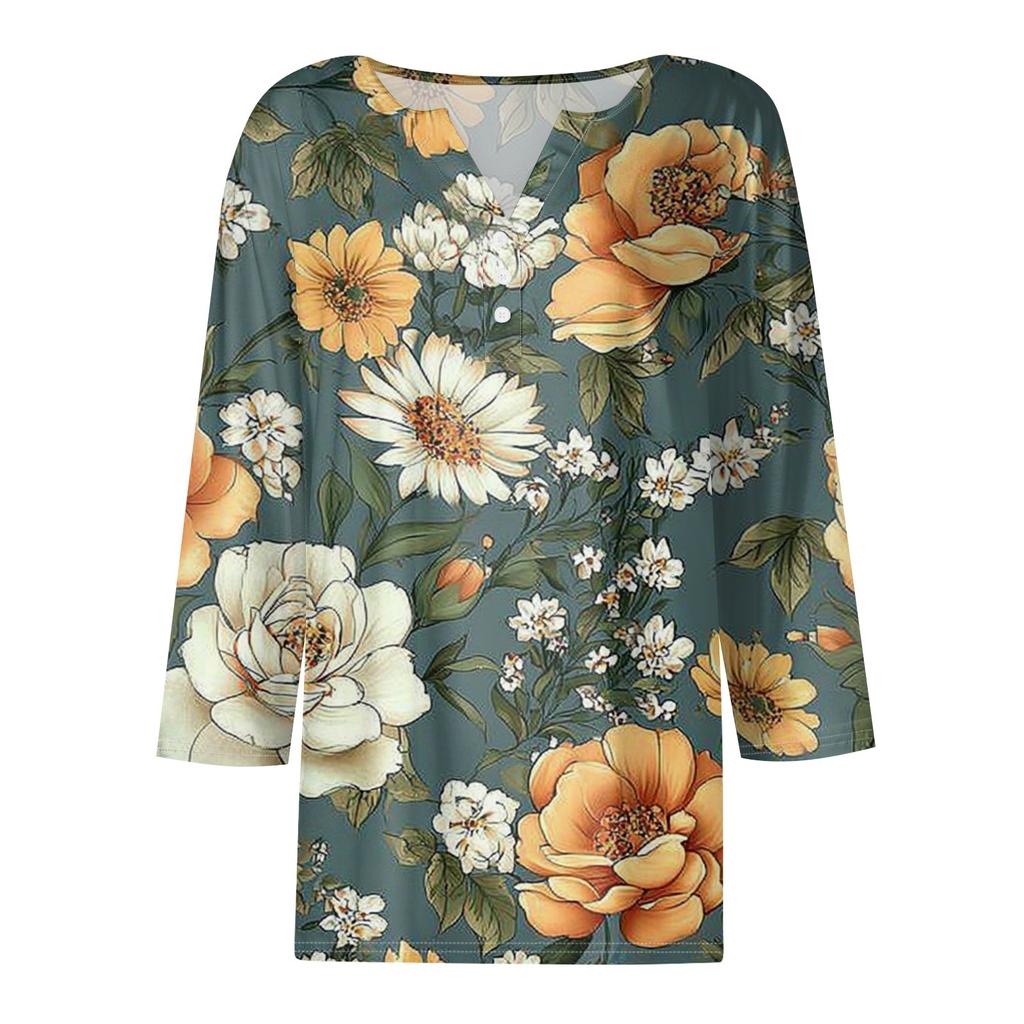 Damska modna, swobodna, kwiatowa, z dekoltem w serek, ozdobnymi guzikami, z rękawem trzy czwarte