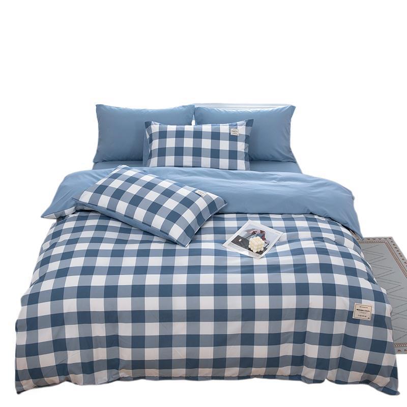 Muji Style Plaid Peach Fuzz Cotton Bedding Set: Skin-friendly Bed Sheet, Fitted Sheet, Duvet Cover - 3 or 4 Piece Options for Dorm.