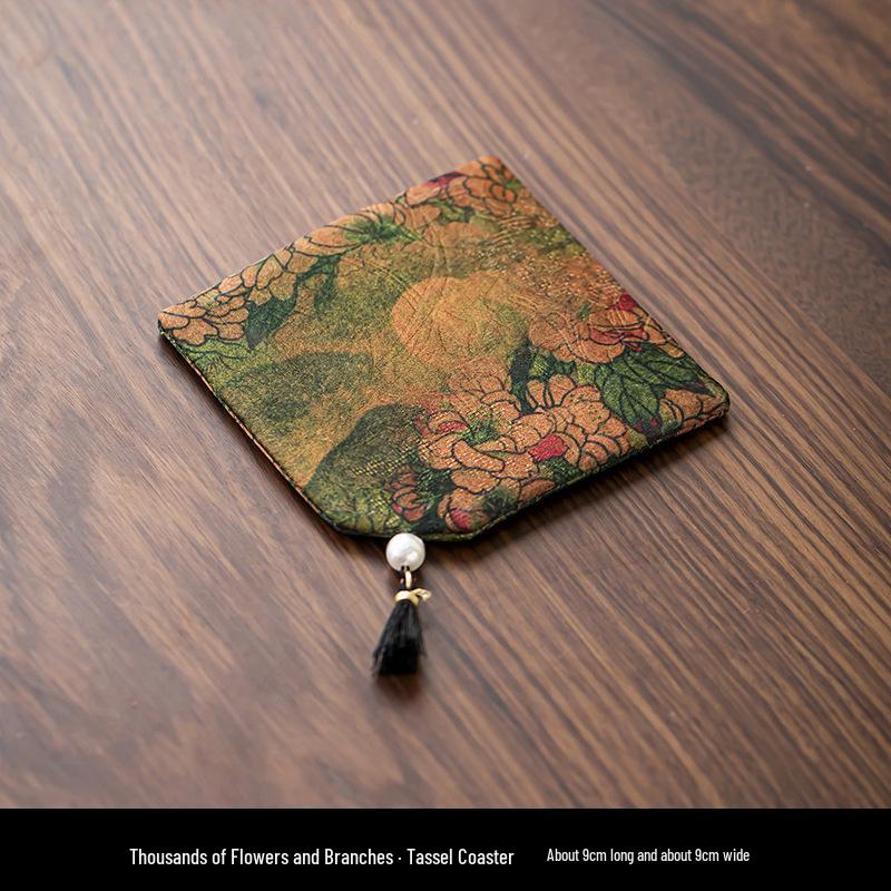 Elegant Chinese Tassel-Fabric Coaster: Waterproof, Anti-Slip, Double-Sided Tea Table Accessory
