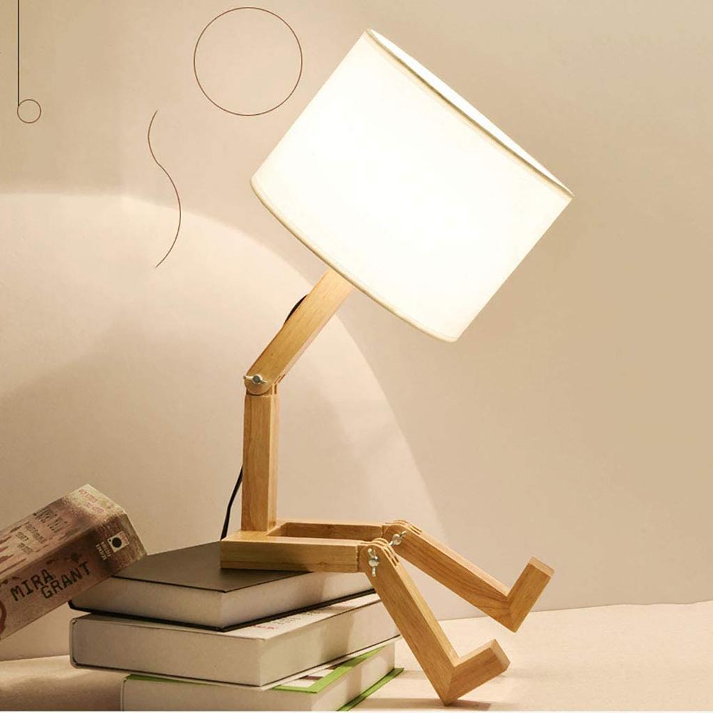 Robotic Table Lamp Wooden Bedside Lamp with Bookcase and  Shade