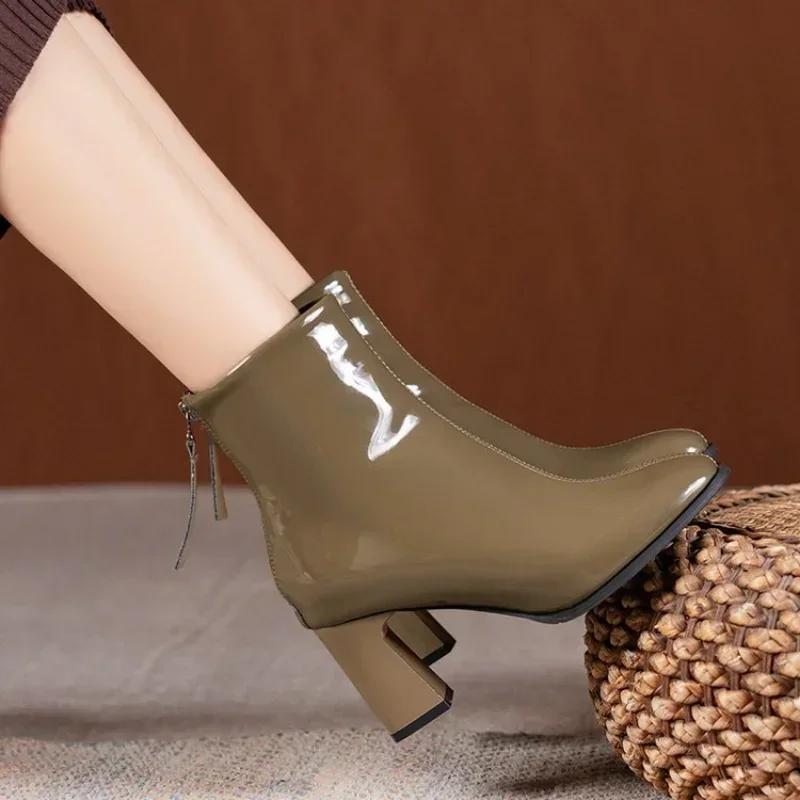 Podzim Zima Kotníkové boty Dámské Kozačky na vysokém podpatku Móda Krátké kozačky na silném podpatku Hranaté boty Móda Černé boty 2024