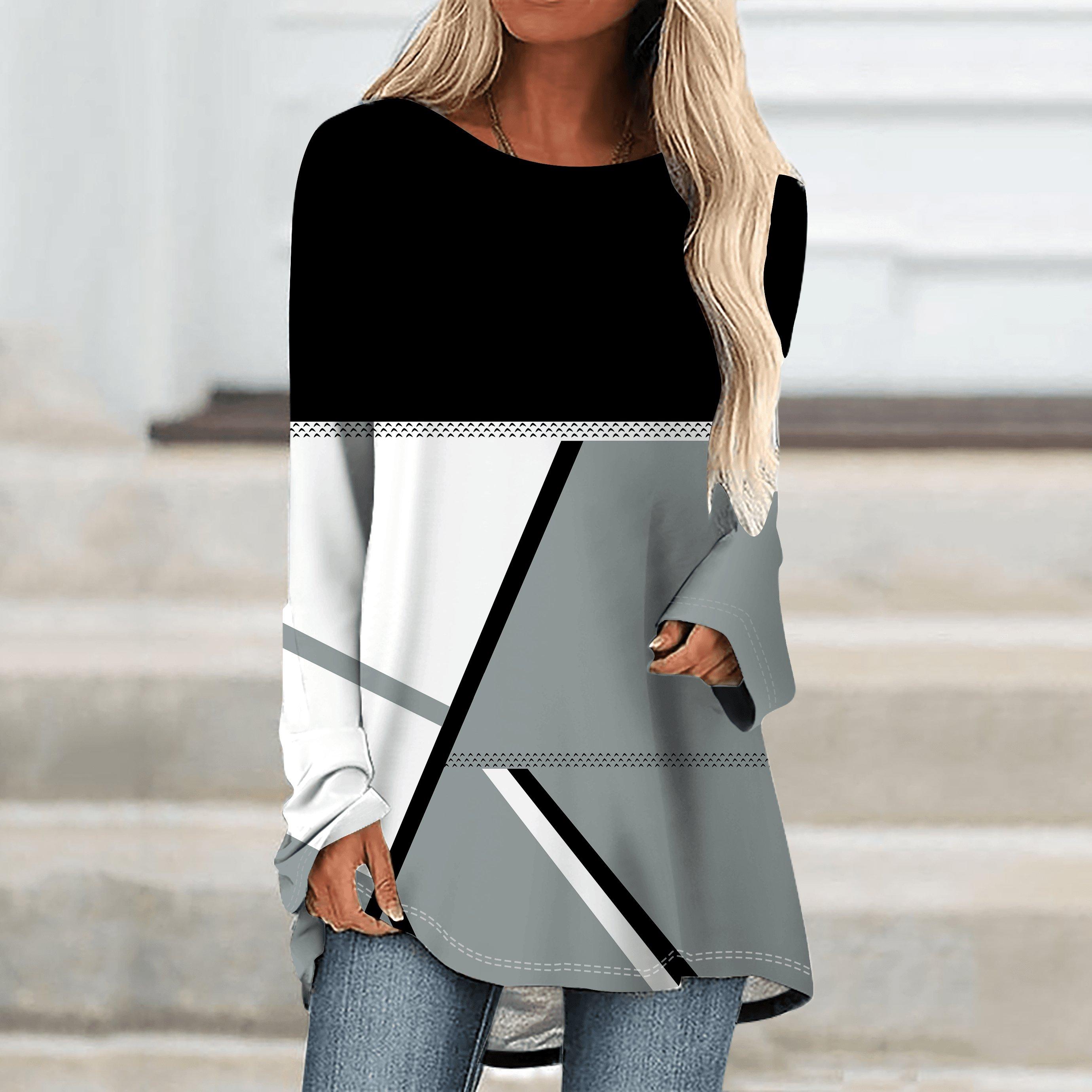 

Женская футболка больших размеров на весну с геометрическим принтом, удобная, с длинным рукавом и круглым вырезом, повседневная, свободного кроя, средней длины 6XL чёрный