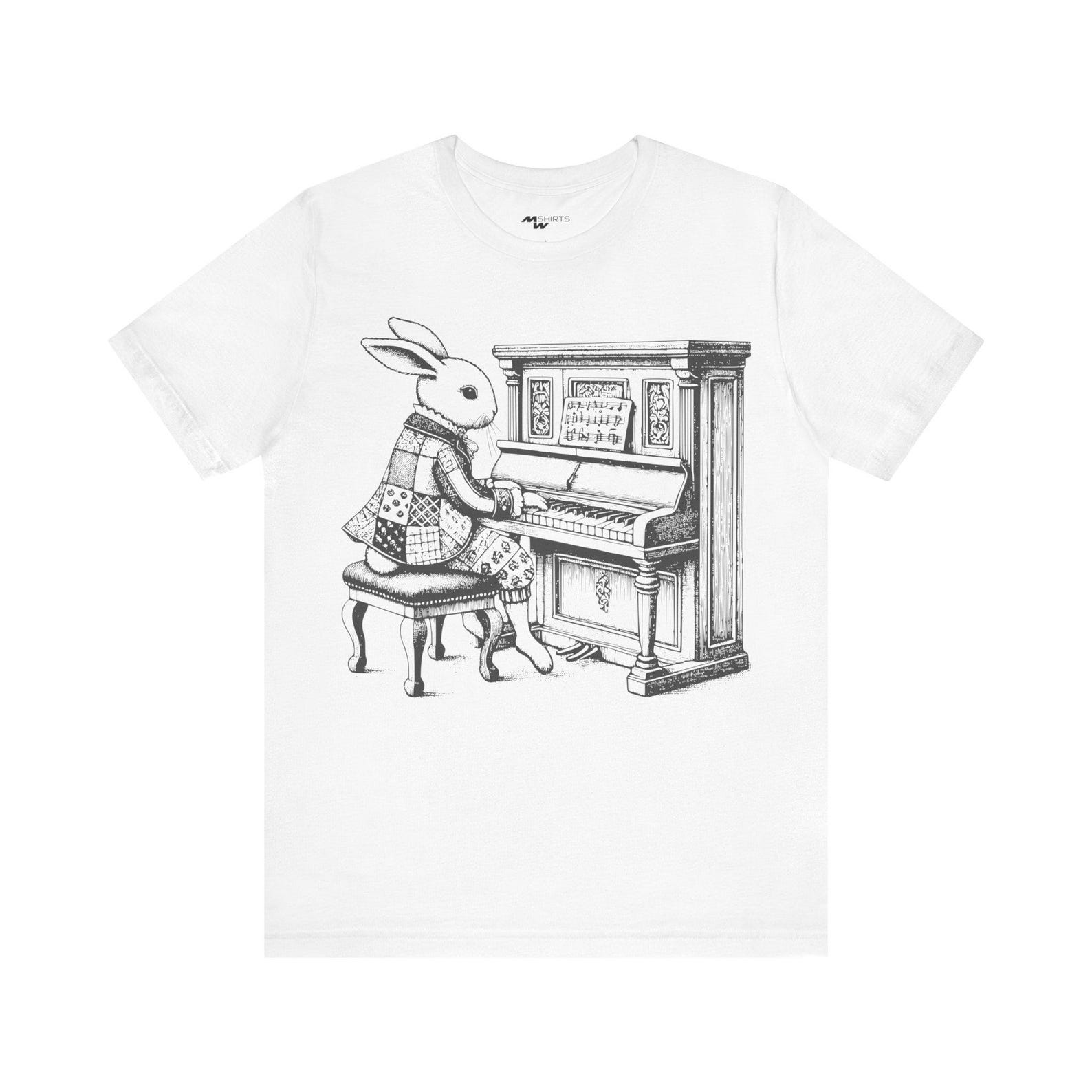 Bunny Playing Piano T-Shirt: Engraving Style Unisex Tee M