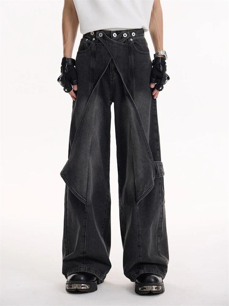 

Американские винтажные дизайнерские джинсы с высокой талией, женские модные повседневные лоскутные свободные брюки, женские уличные нерегулярные ковбойские брюки в стиле Харадзюку XXXL чёрный