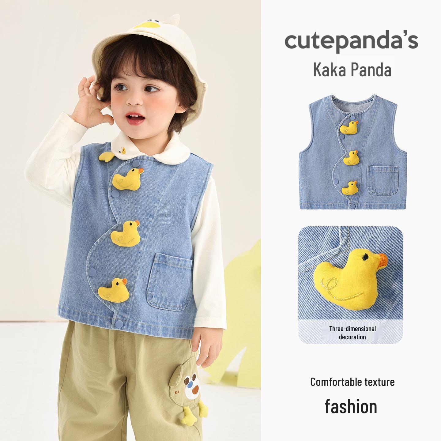 Kaka Panda Kids Denim Vest – Unisex Spring Casual Wear for Children 80 cm