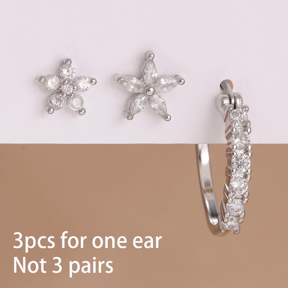 3PCS Stainless Steel Zircon Cartilage Flower Piercing Ear Stud Earring For Women Helix Tragus Engagement Birthday Jewelry Gift