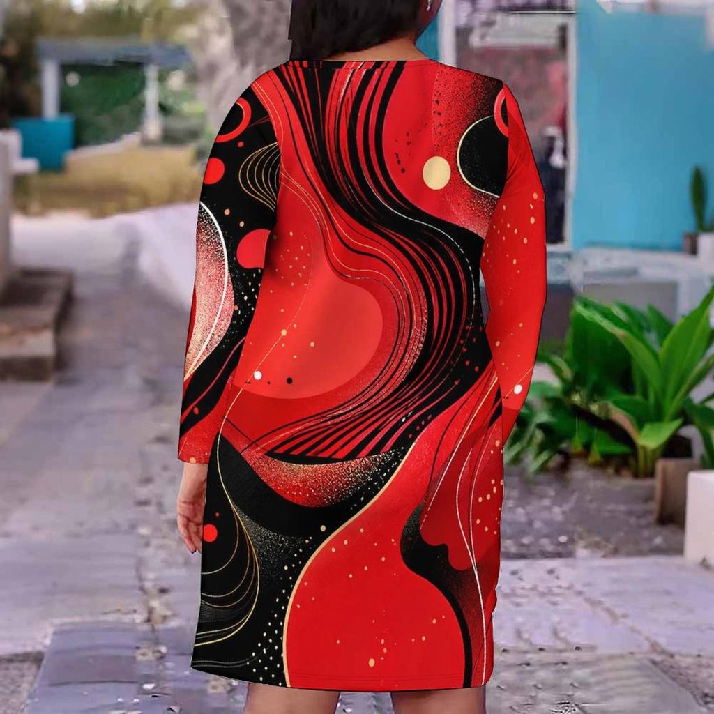 Women Plus Size V Neck Long Sleeve Red Black Printed Fitted Straight Dress