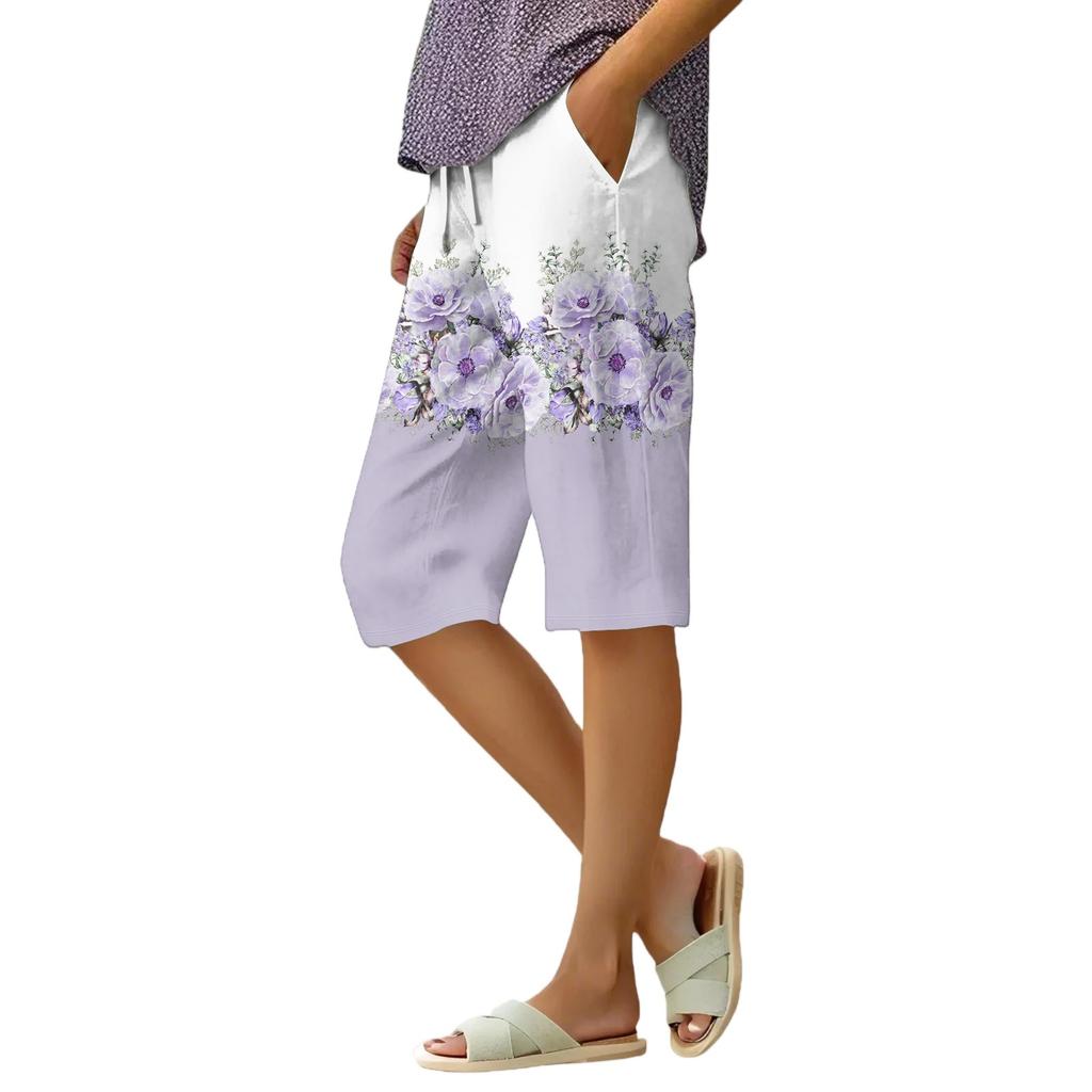 Women's Summer Elasticated Tie Waist Floral Cotton & Linen Loose Shorts