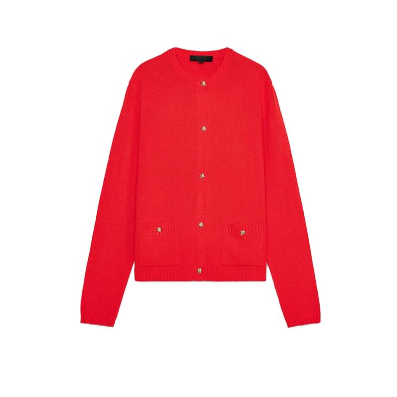 Summer New Women clothes Rib Decorative Layer Golden Breasted round Neck Long sleeve Simple Knitted Outerwear 6427048